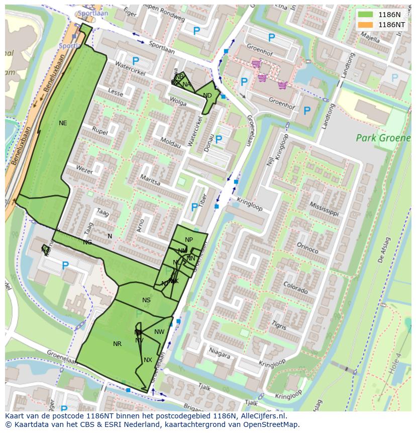 Afbeelding van het postcodegebied 1186 NT op de kaart.