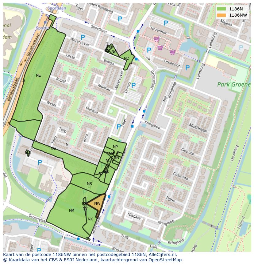 Afbeelding van het postcodegebied 1186 NW op de kaart.