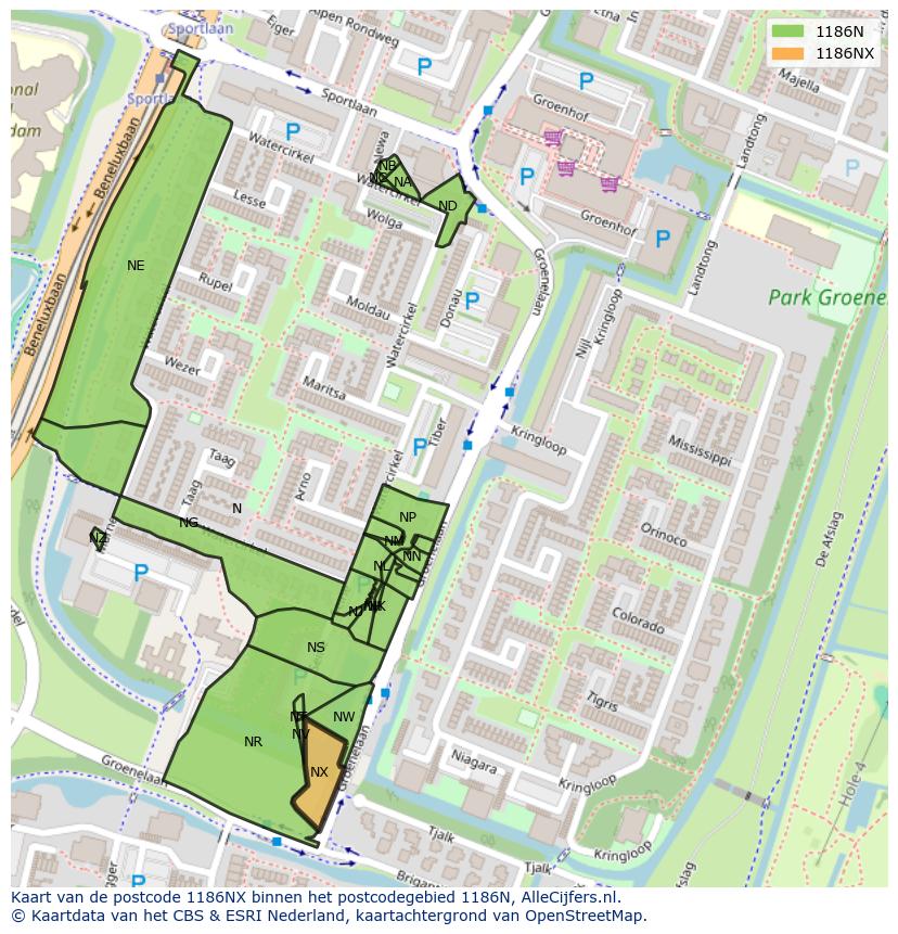 Afbeelding van het postcodegebied 1186 NX op de kaart.
