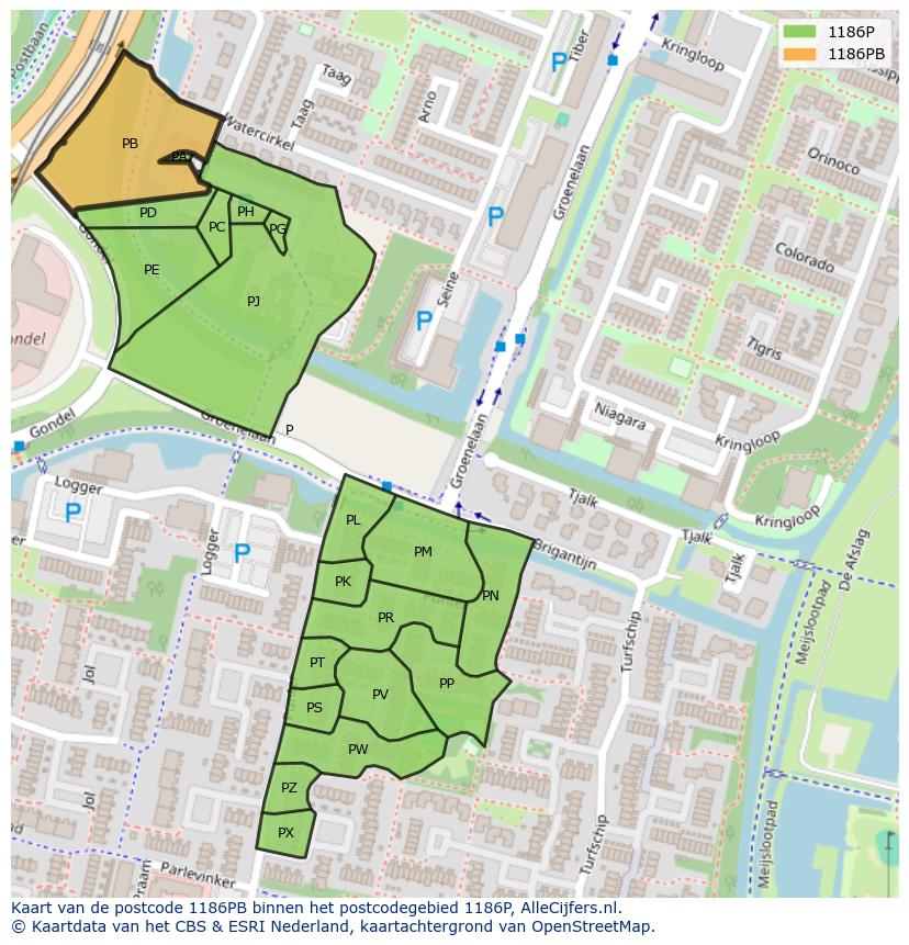 Afbeelding van het postcodegebied 1186 PB op de kaart.