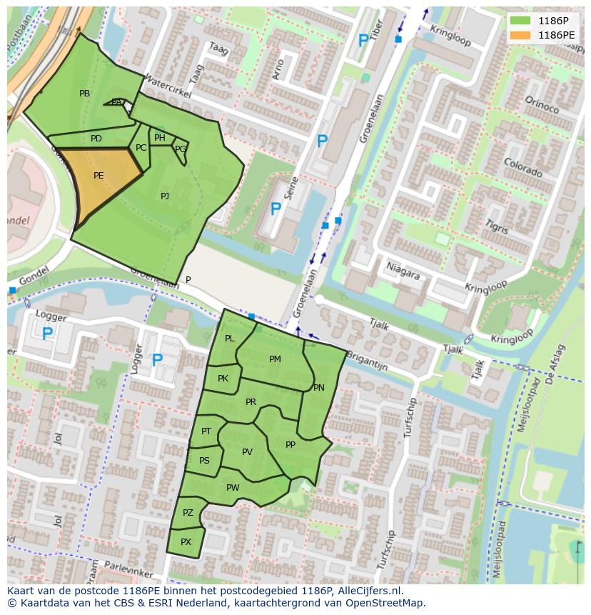 Afbeelding van het postcodegebied 1186 PE op de kaart.