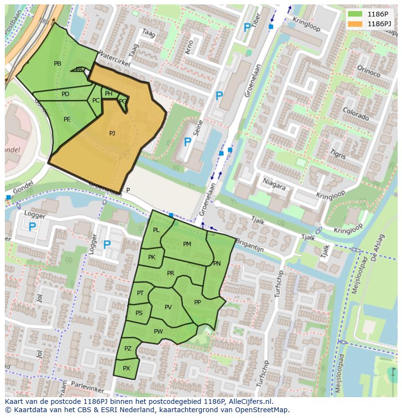 Afbeelding van het postcodegebied 1186 PJ op de kaart.