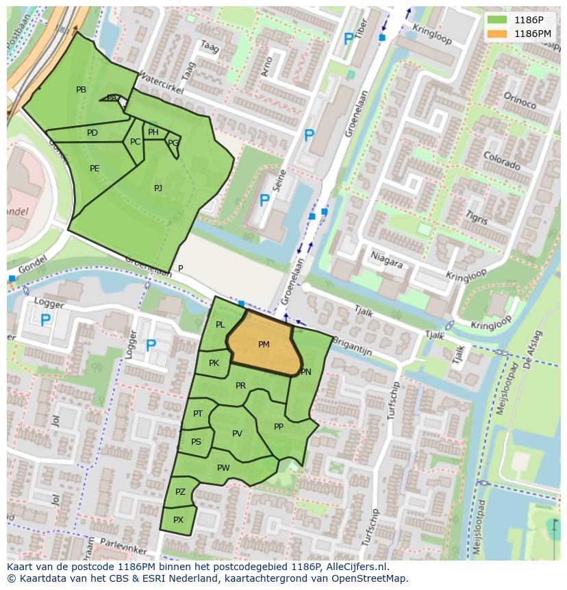 Afbeelding van het postcodegebied 1186 PM op de kaart.