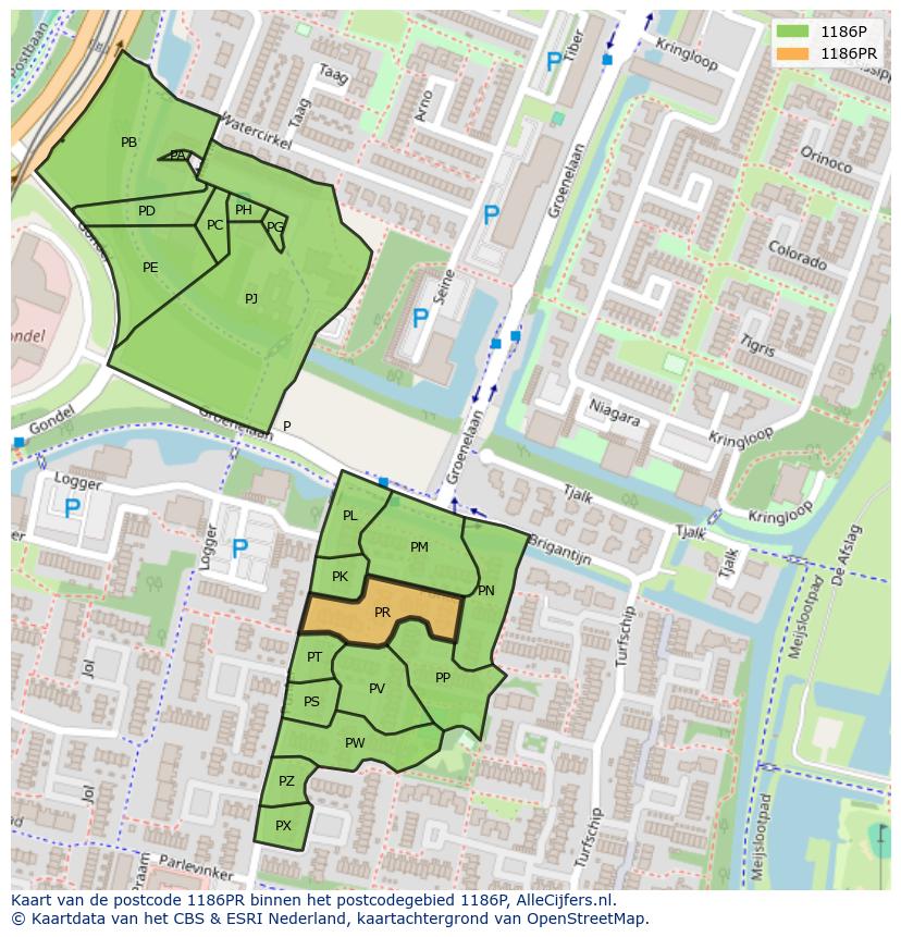 Afbeelding van het postcodegebied 1186 PR op de kaart.