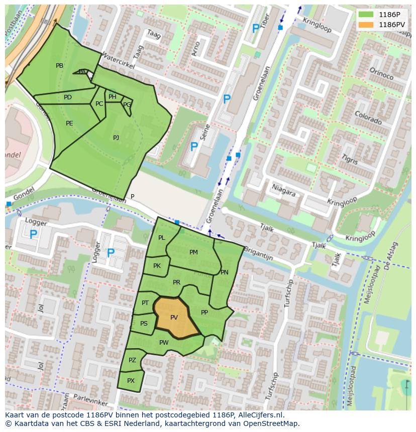 Afbeelding van het postcodegebied 1186 PV op de kaart.