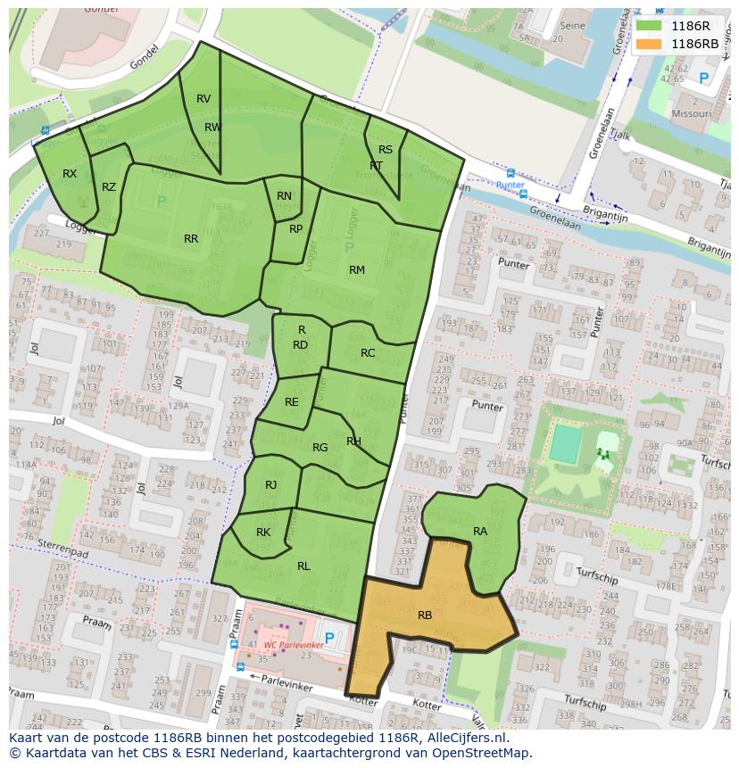 Afbeelding van het postcodegebied 1186 RB op de kaart.