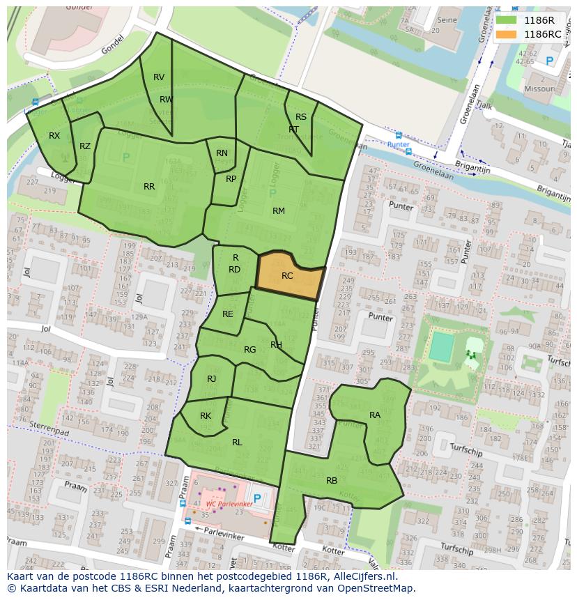 Afbeelding van het postcodegebied 1186 RC op de kaart.