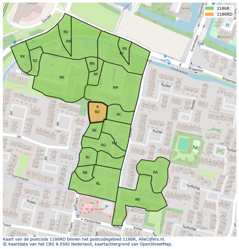 Afbeelding van het postcodegebied 1186 RD op de kaart.