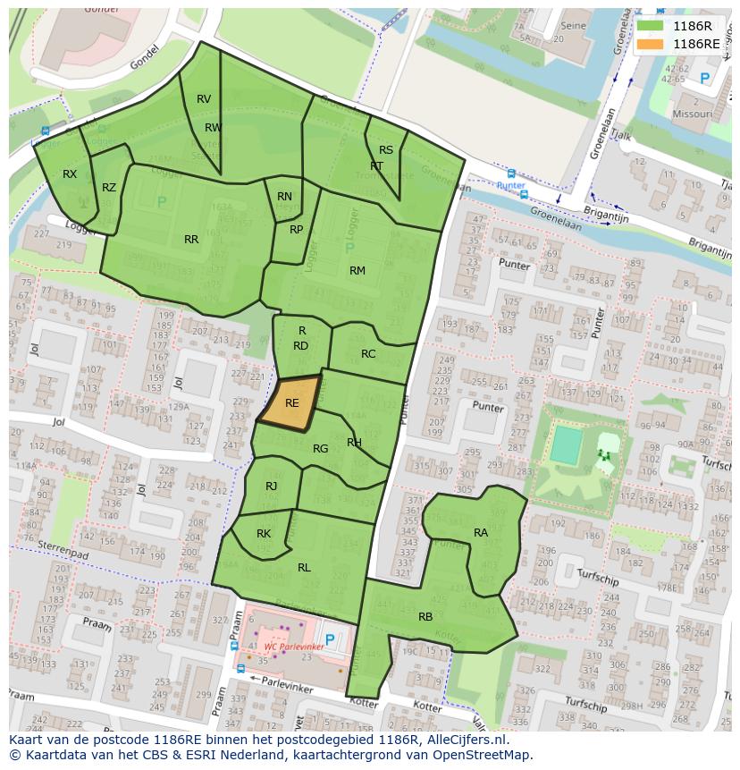Afbeelding van het postcodegebied 1186 RE op de kaart.