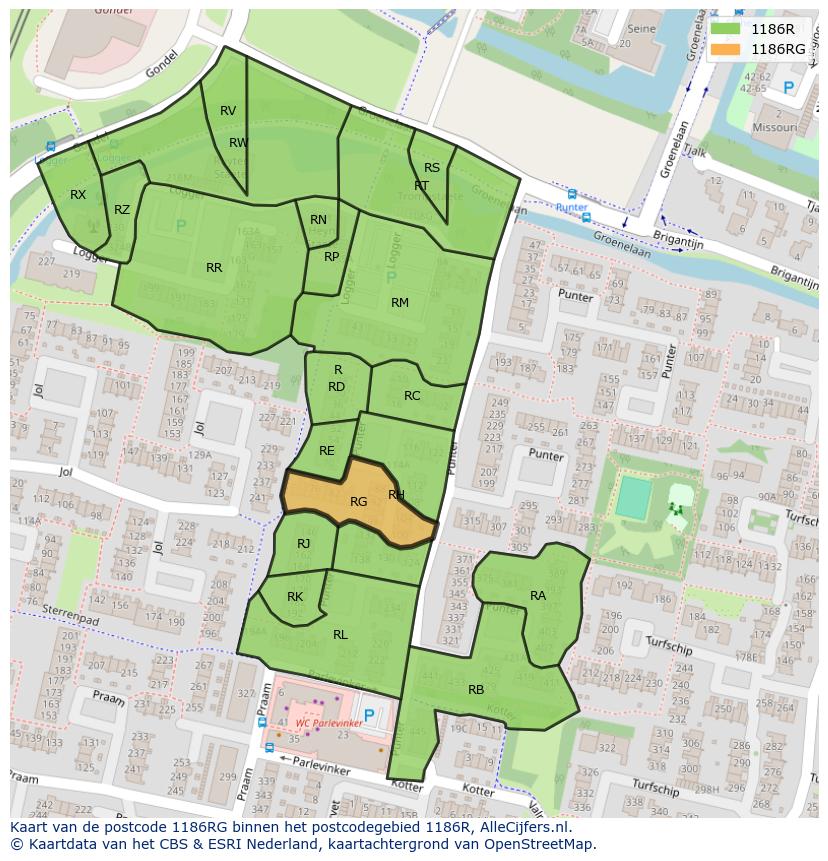 Afbeelding van het postcodegebied 1186 RG op de kaart.