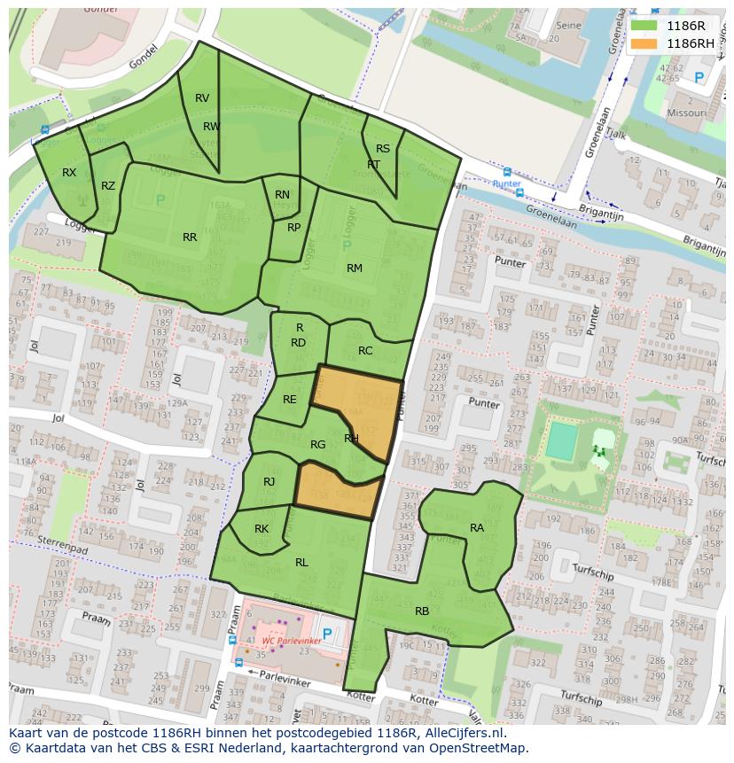 Afbeelding van het postcodegebied 1186 RH op de kaart.
