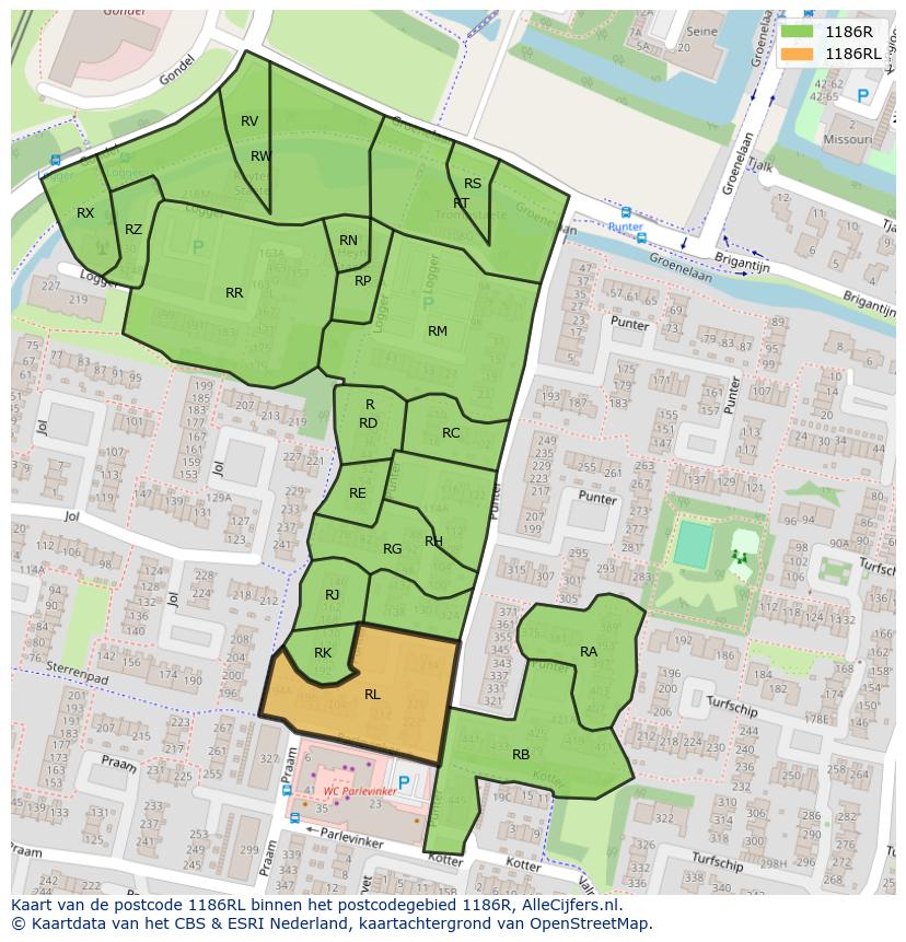 Afbeelding van het postcodegebied 1186 RL op de kaart.