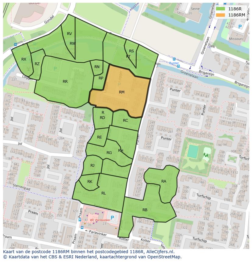 Afbeelding van het postcodegebied 1186 RM op de kaart.
