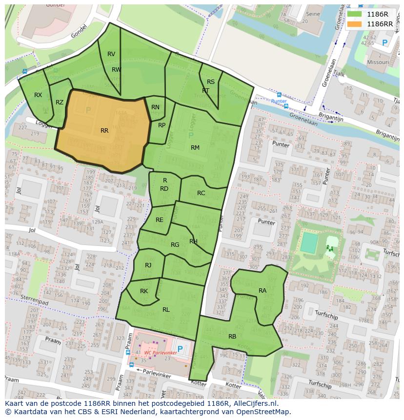 Afbeelding van het postcodegebied 1186 RR op de kaart.