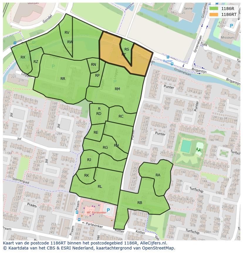 Afbeelding van het postcodegebied 1186 RT op de kaart.