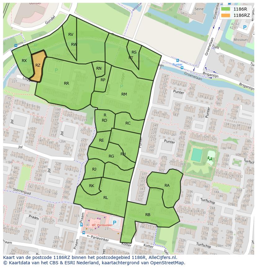 Afbeelding van het postcodegebied 1186 RZ op de kaart.