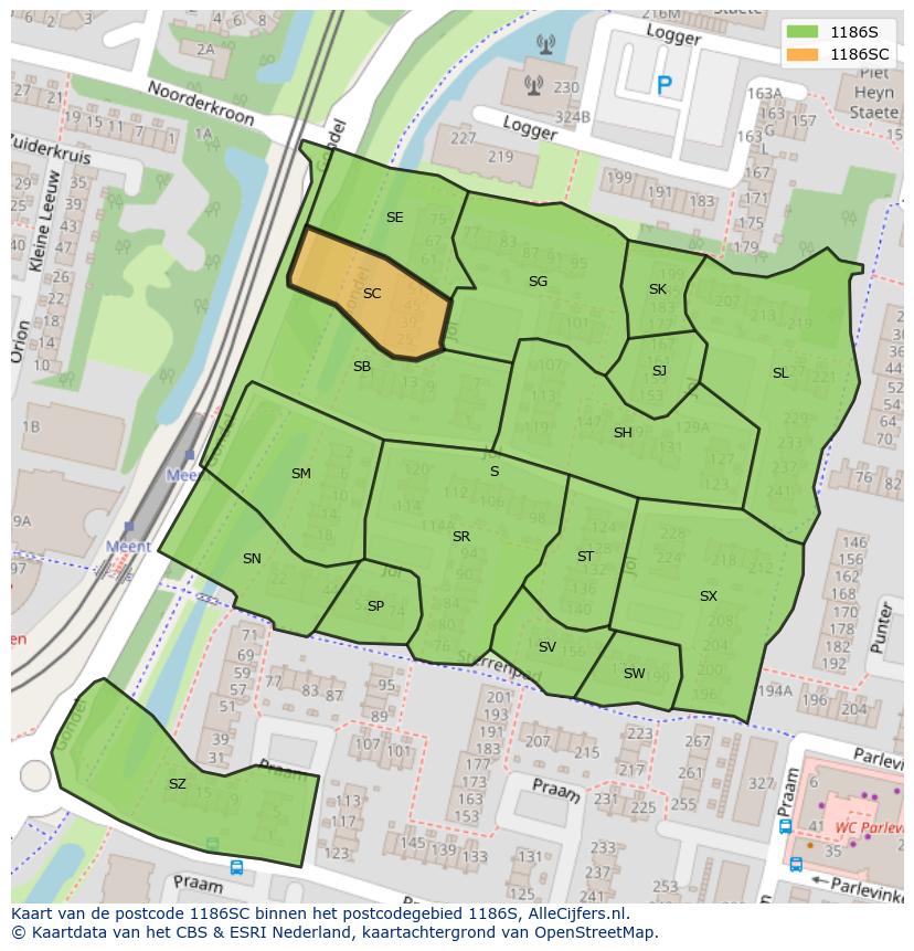 Afbeelding van het postcodegebied 1186 SC op de kaart.