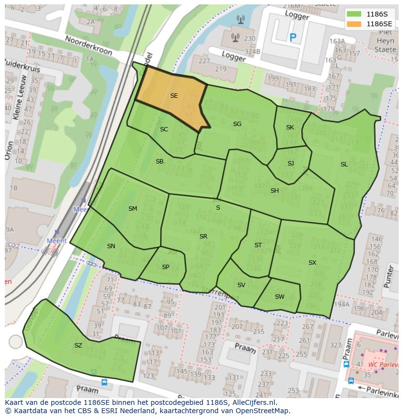 Afbeelding van het postcodegebied 1186 SE op de kaart.
