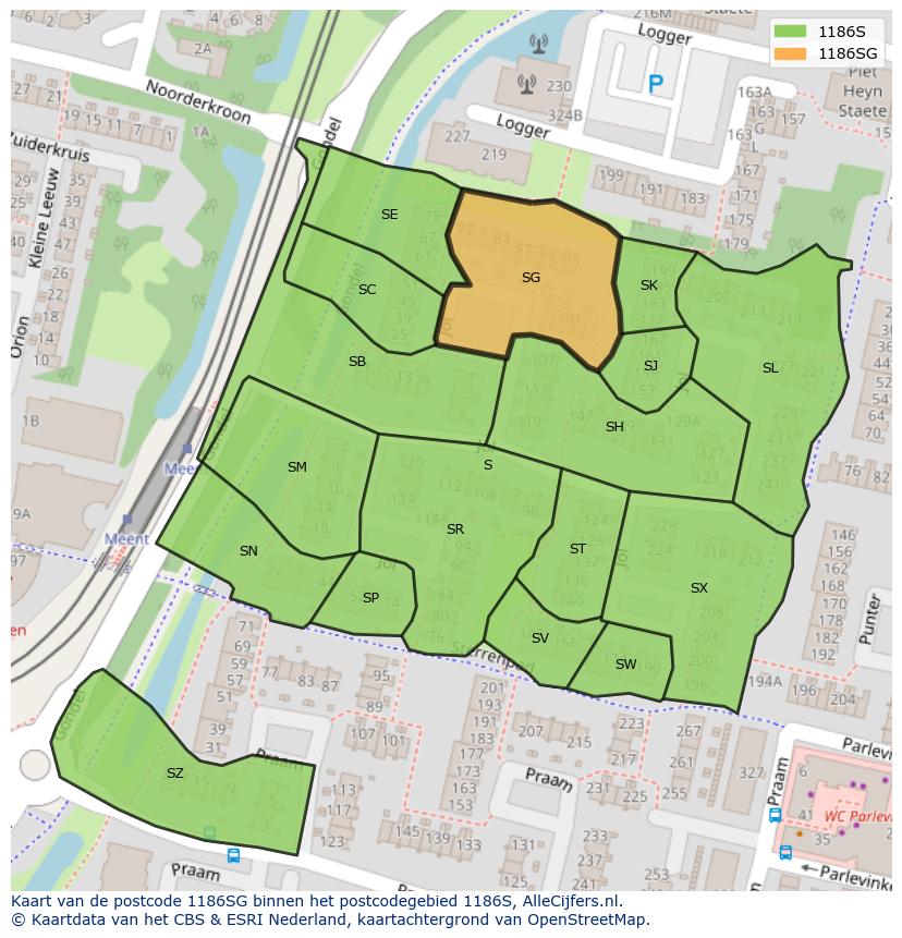 Afbeelding van het postcodegebied 1186 SG op de kaart.