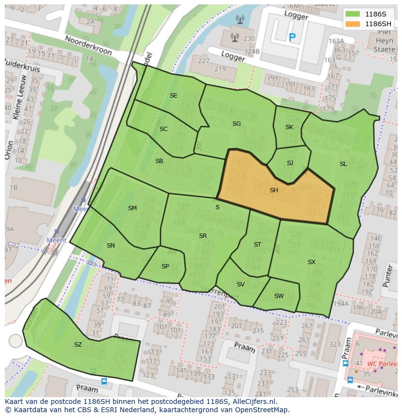 Afbeelding van het postcodegebied 1186 SH op de kaart.