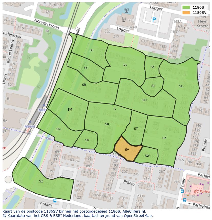 Afbeelding van het postcodegebied 1186 SV op de kaart.