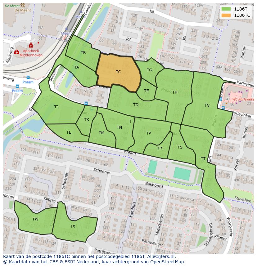 Afbeelding van het postcodegebied 1186 TC op de kaart.
