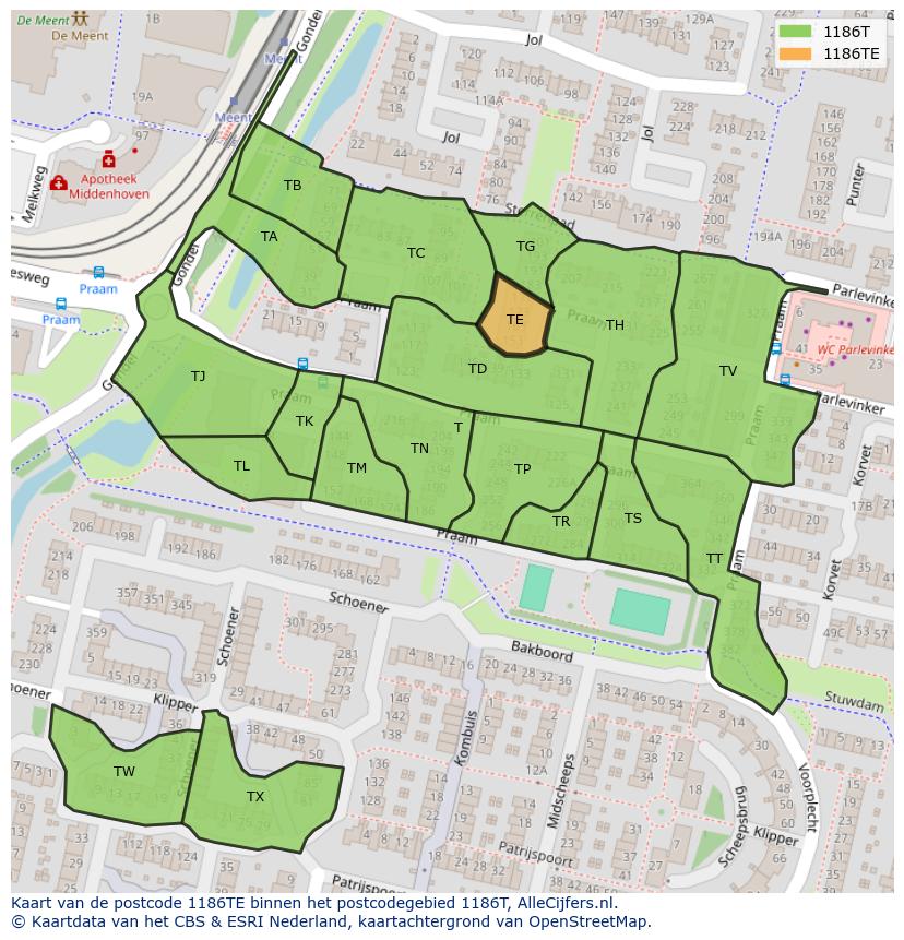 Afbeelding van het postcodegebied 1186 TE op de kaart.