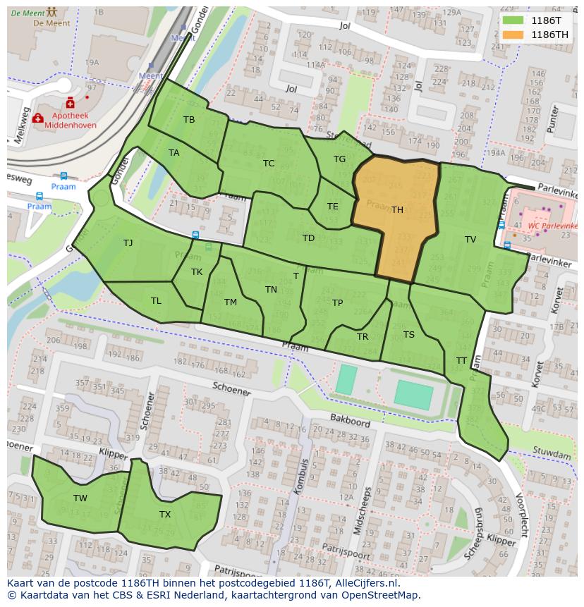 Afbeelding van het postcodegebied 1186 TH op de kaart.
