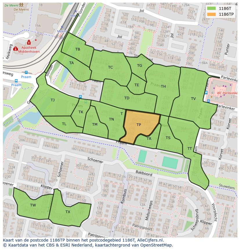 Afbeelding van het postcodegebied 1186 TP op de kaart.