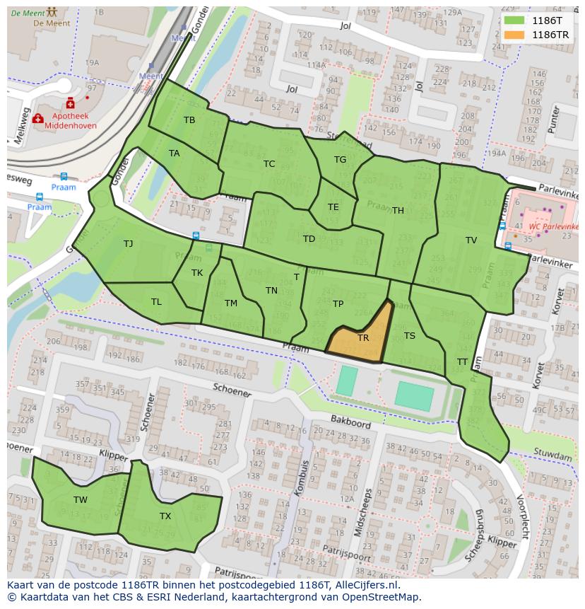 Afbeelding van het postcodegebied 1186 TR op de kaart.
