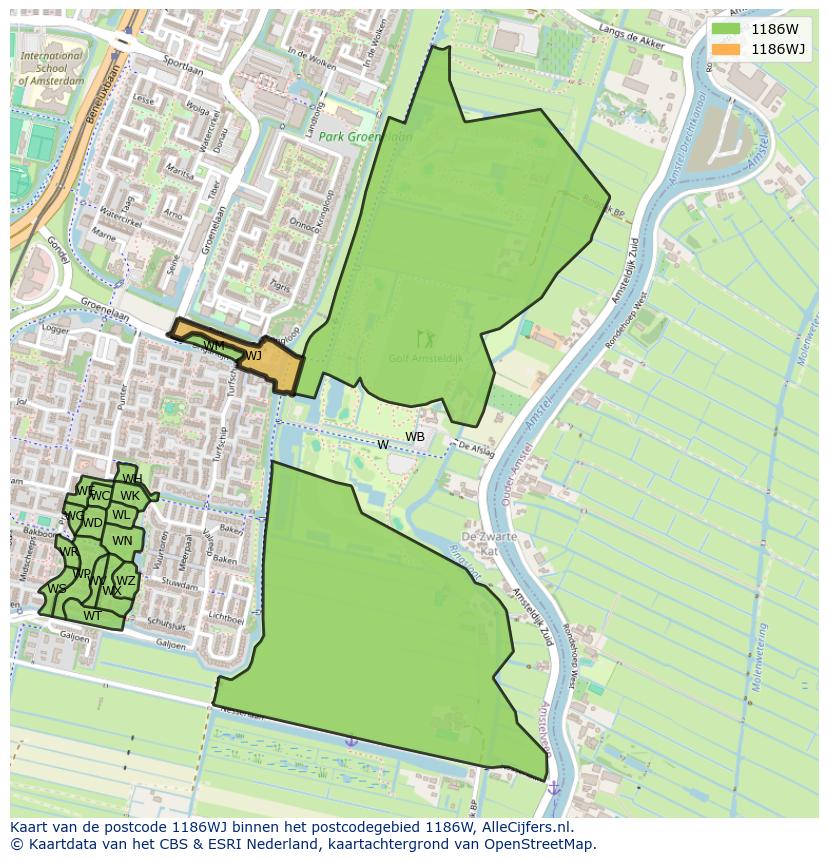 Afbeelding van het postcodegebied 1186 WJ op de kaart.