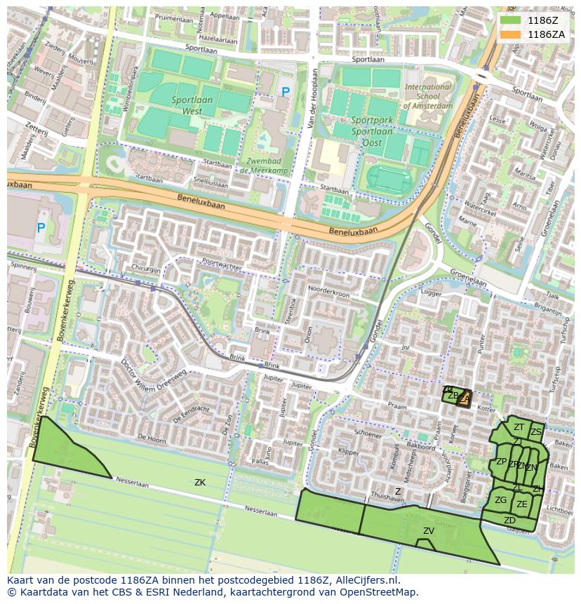Afbeelding van het postcodegebied 1186 ZA op de kaart.