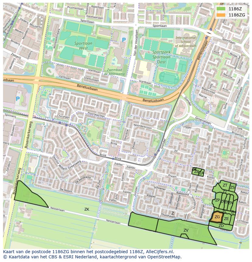 Afbeelding van het postcodegebied 1186 ZG op de kaart.