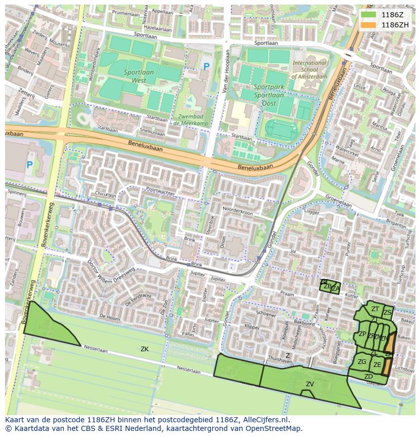 Afbeelding van het postcodegebied 1186 ZH op de kaart.