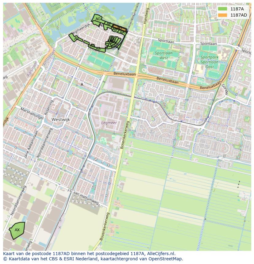 Afbeelding van het postcodegebied 1187 AD op de kaart.