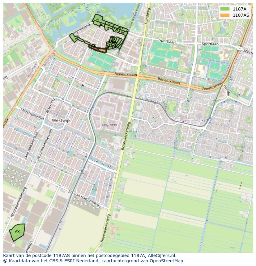 Afbeelding van het postcodegebied 1187 AS op de kaart.
