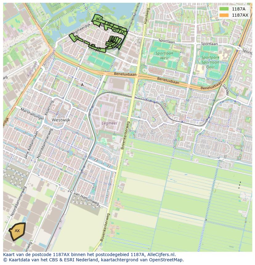 Afbeelding van het postcodegebied 1187 AX op de kaart.
