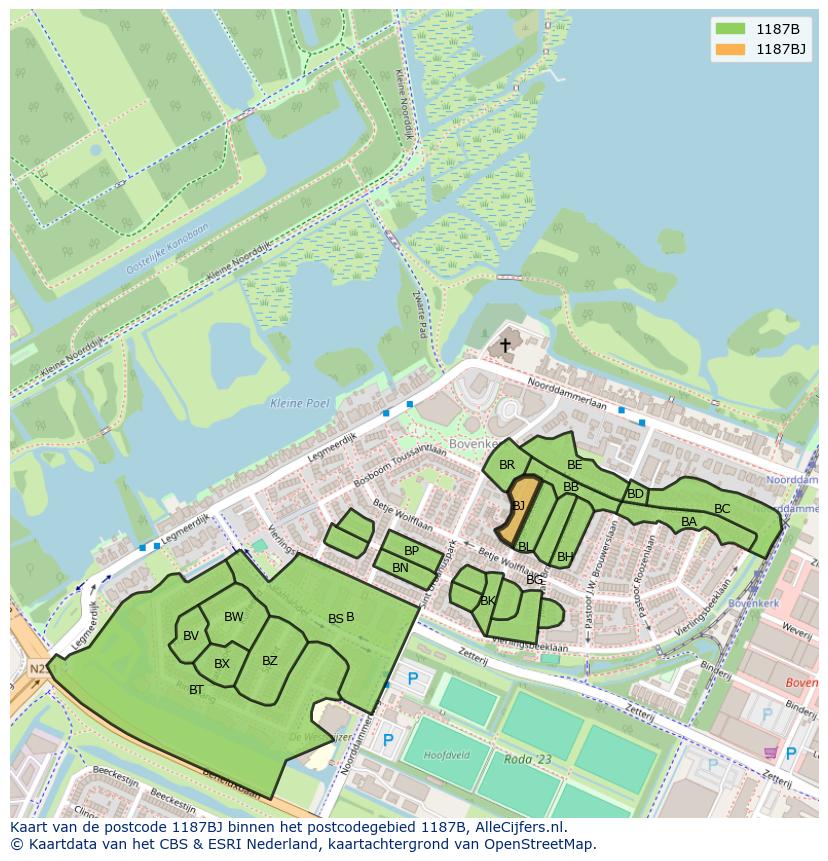 Afbeelding van het postcodegebied 1187 BJ op de kaart.