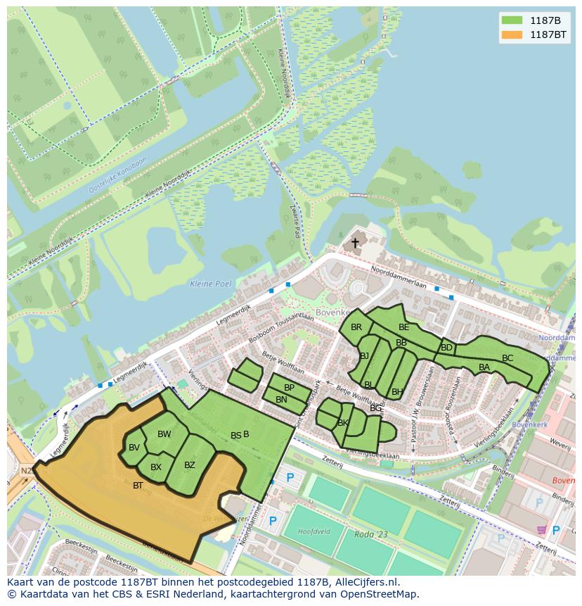 Afbeelding van het postcodegebied 1187 BT op de kaart.