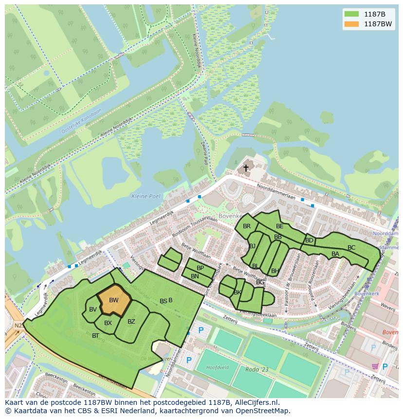Afbeelding van het postcodegebied 1187 BW op de kaart.
