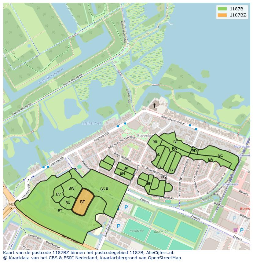 Afbeelding van het postcodegebied 1187 BZ op de kaart.