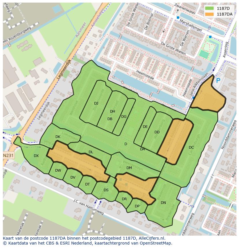 Afbeelding van het postcodegebied 1187 DA op de kaart.