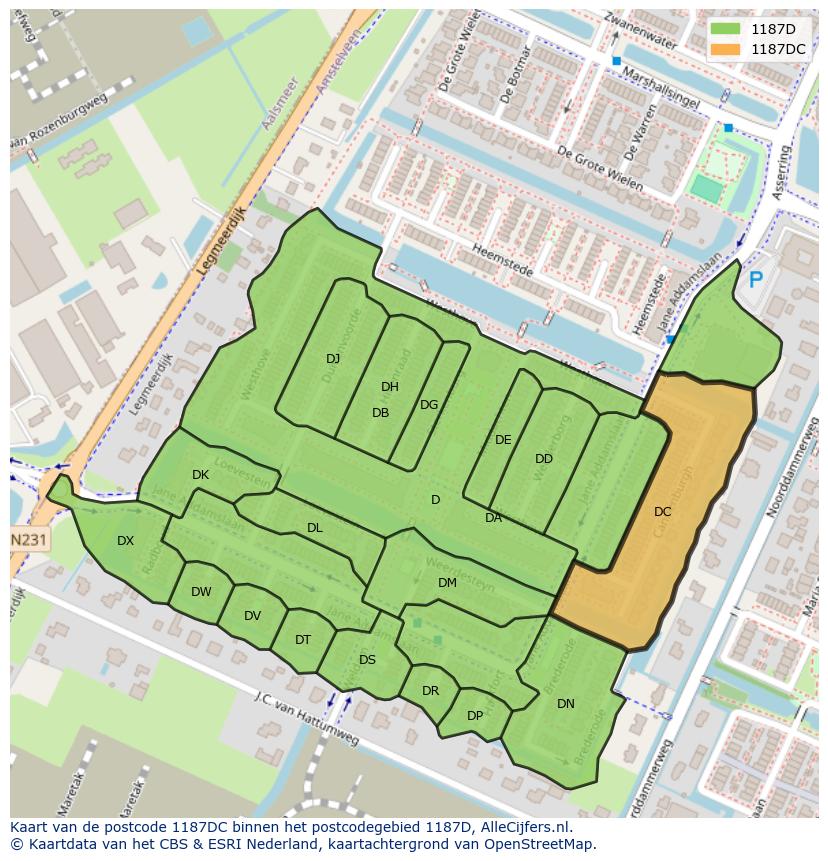 Afbeelding van het postcodegebied 1187 DC op de kaart.