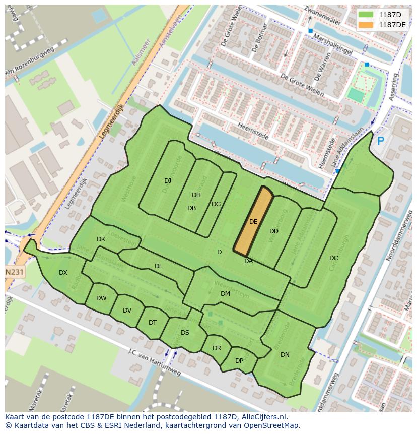 Afbeelding van het postcodegebied 1187 DE op de kaart.