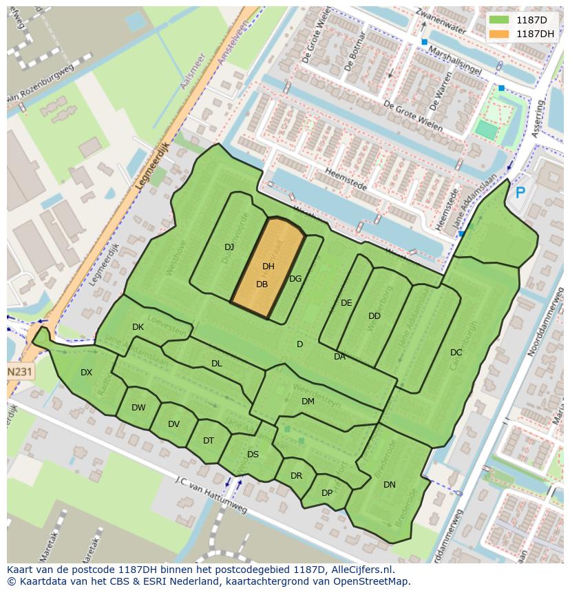 Afbeelding van het postcodegebied 1187 DH op de kaart.