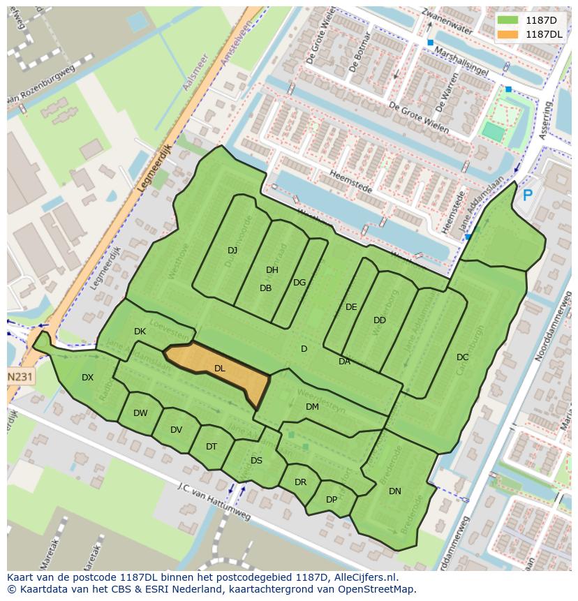 Afbeelding van het postcodegebied 1187 DL op de kaart.