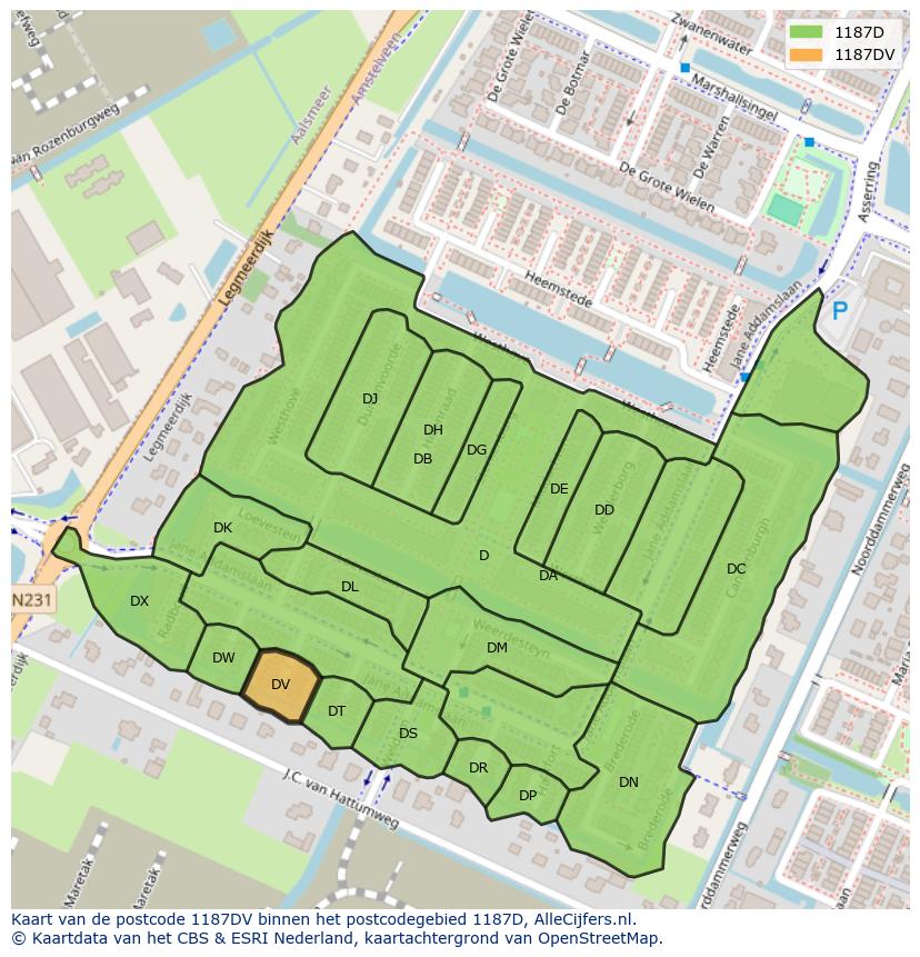 Afbeelding van het postcodegebied 1187 DV op de kaart.
