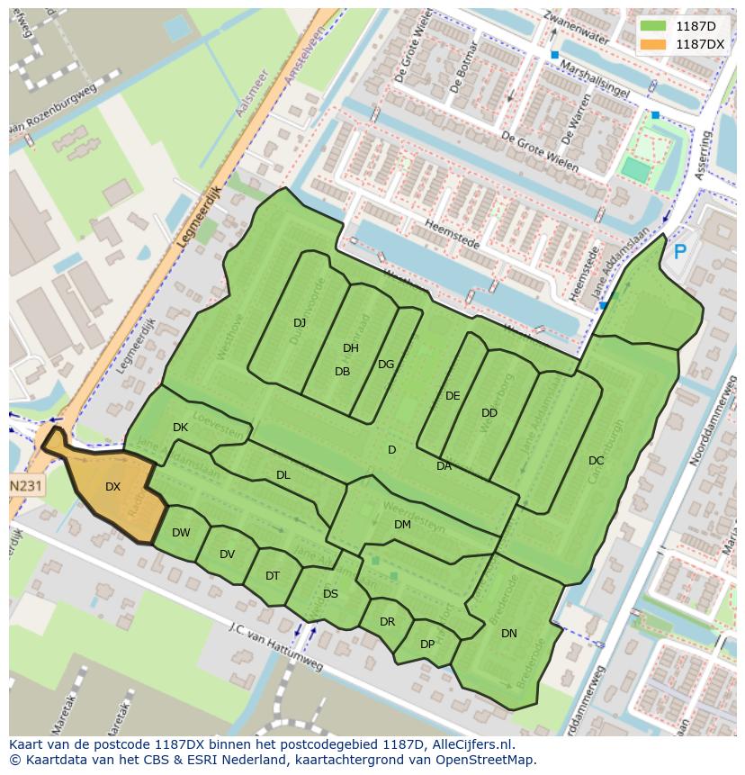 Afbeelding van het postcodegebied 1187 DX op de kaart.