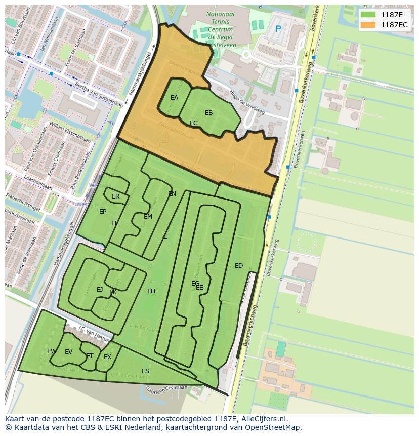Afbeelding van het postcodegebied 1187 EC op de kaart.