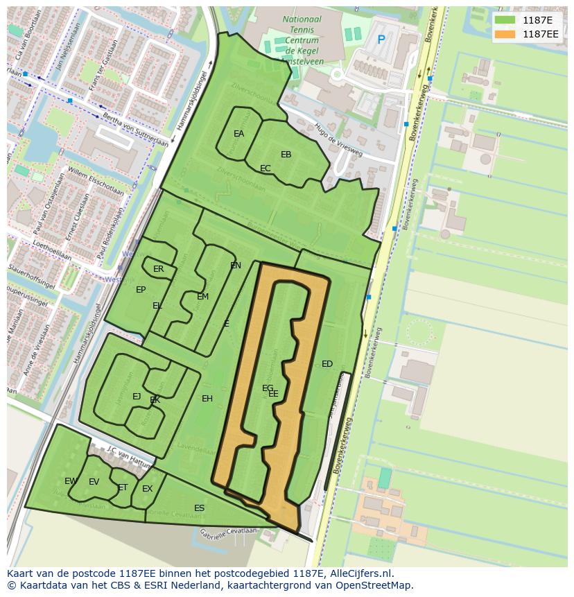 Afbeelding van het postcodegebied 1187 EE op de kaart.